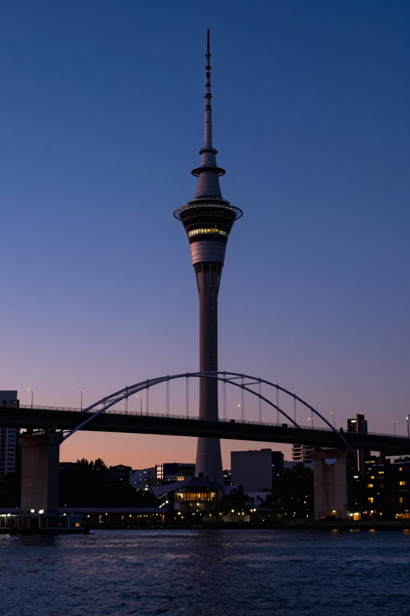 Sky Tower in Auckland at Indigo Twilight After Sunset in in Auckland, New Zealand