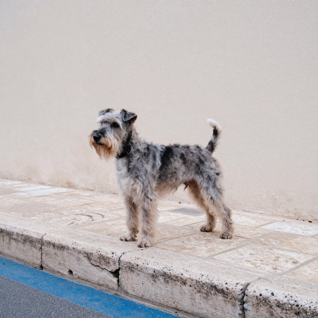 Skye Terrier Beside Courtyard Wall in Haifa in beside a plain courtyard wall in clear daylight with the animal at eye level in Haifa