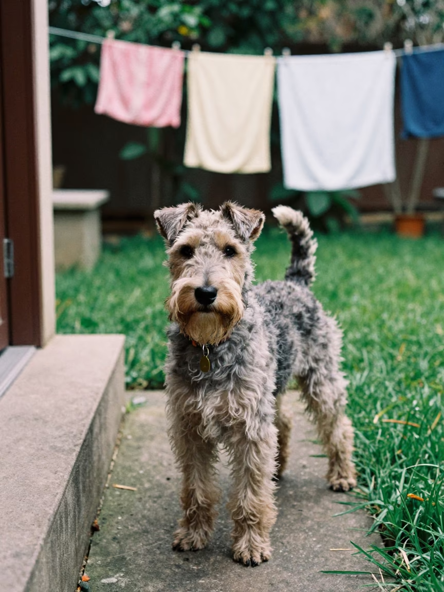 Skye Terrier on Quiet Path in Ibagué Yard in in a small yard with clipped grass, calm light, and the animal centered in frame in Ibagué