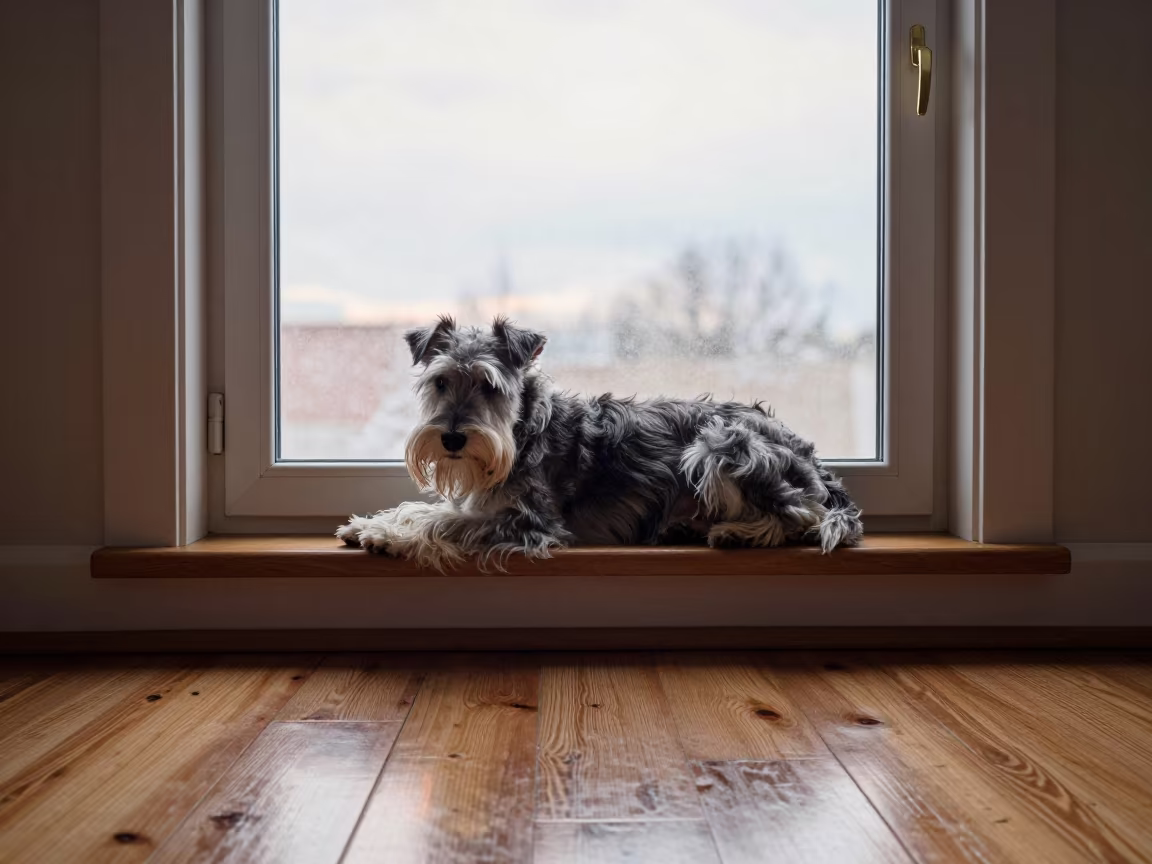 Skye Terrier on Window Seat at Sunset in on a window seat in a quiet apartment with soft side light in Bangui