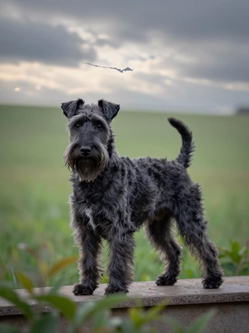 Skye Terrier Portrait at Garden Edge in Tabora in near a garden edge with soft morning light and an uncluttered background near Tabora