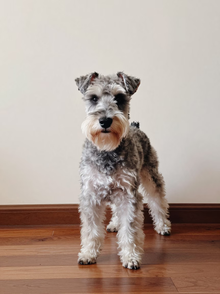 Skye Terrier Portrait Beside Plaster Wall in Wuhan in beside a plain plaster wall in soft indoor light with the animal centered in frame in Wuhan