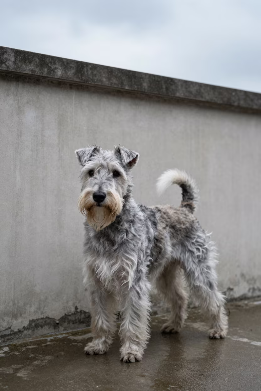 Skye Terrier Portrait by Plain Wall in Kaohsiung in beside a plain courtyard wall in clear daylight with the animal at eye level in Kaohsiung