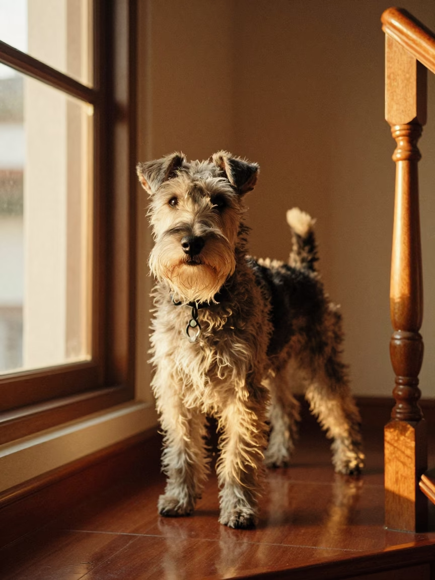 Skye Terrier Portrait in 1950s Esmeraldas Studio in in a quiet portrait studio with a plain backdrop and eye-level framing in Esmeraldas