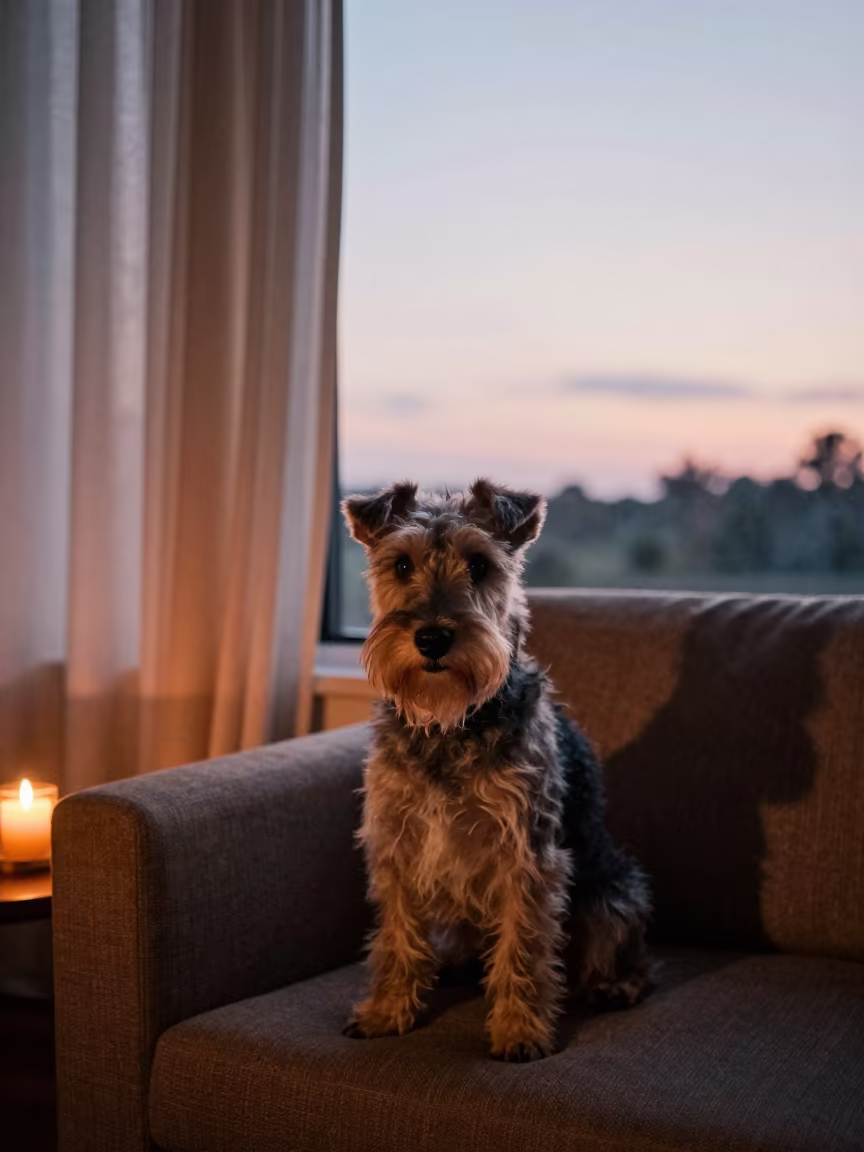 Skye Terrier Portrait on Sofa Near Window in on a sofa near a curtained window with calm indoor light in Maceio