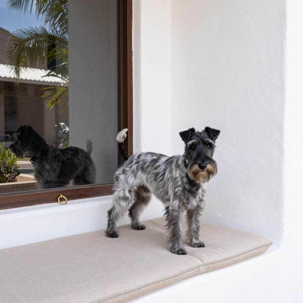 Skye Terrier Portrait on Window Seat San Salvador in on a cushioned window seat with soft side light and an uncluttered background in San Salvador