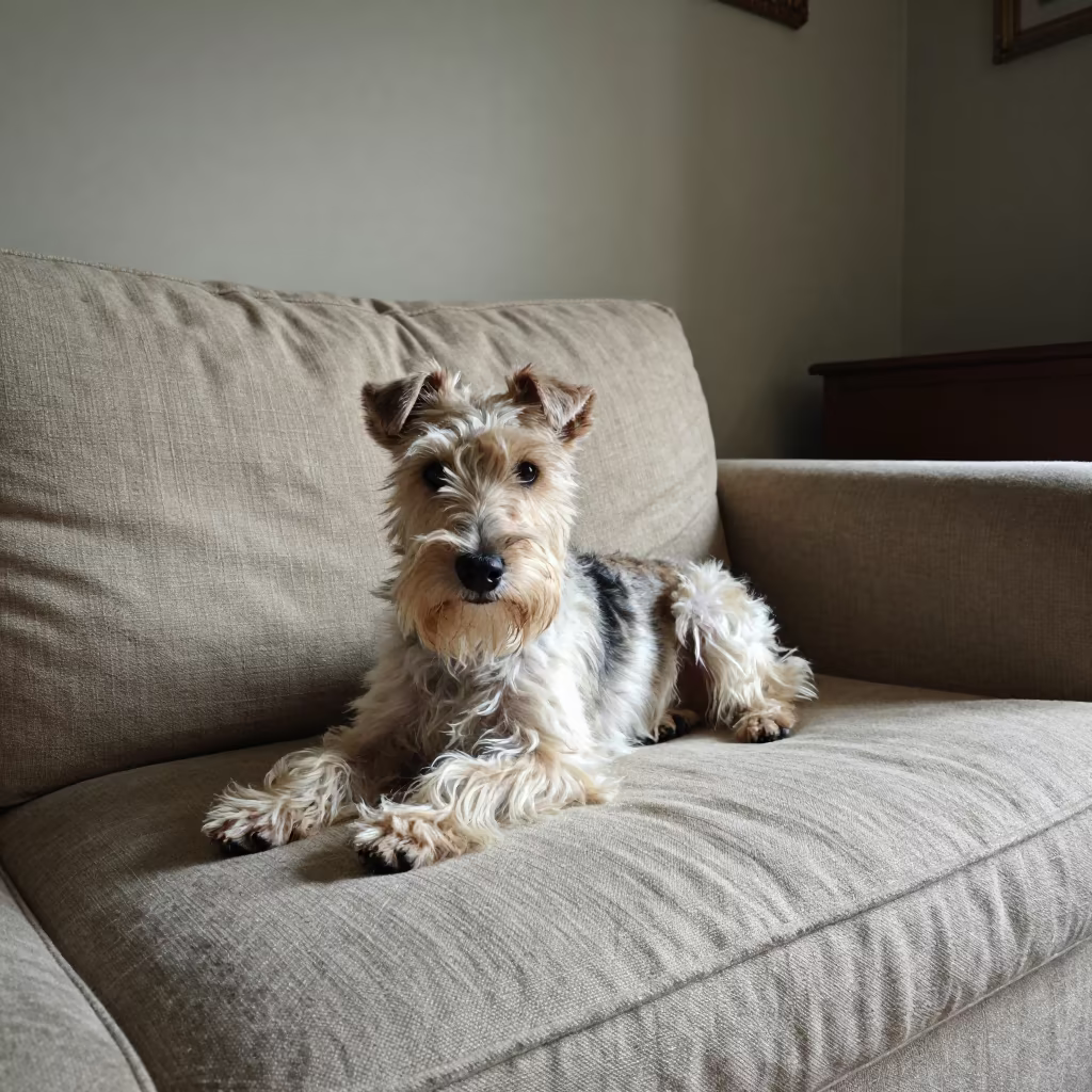 Skye Terrier Resting on Linen Sofa in Victorian Home in on a linen sofa with daylight from a nearby window in Victoria