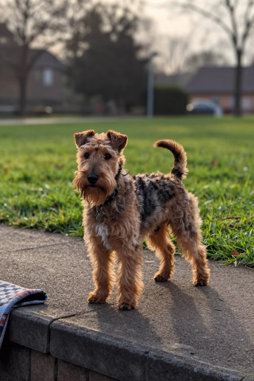 Skye Terrier Silhouette on Gweru Park Path in in a small yard with clipped grass, calm light, and the animal centered in frame in Gweru