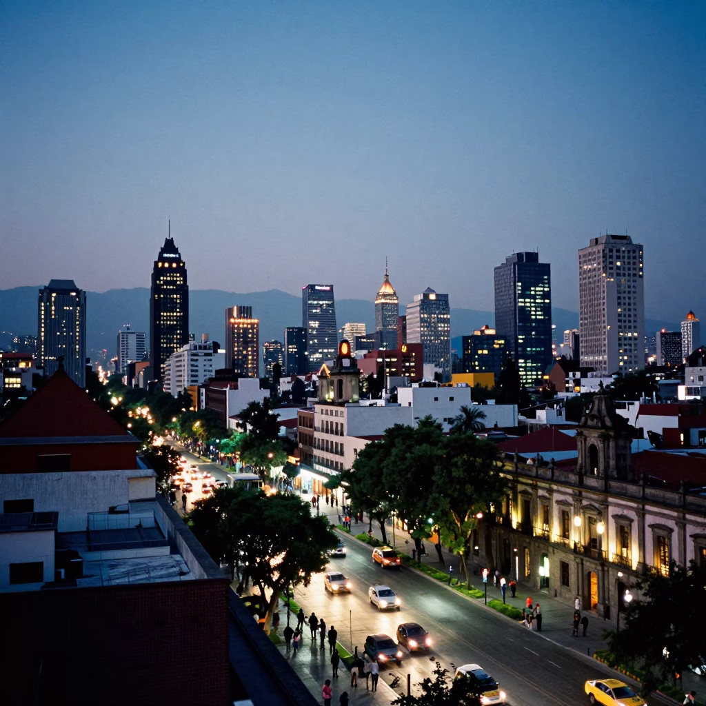 Skyline And Busy Street Life in Mexico City in in Mexico City, Mexico