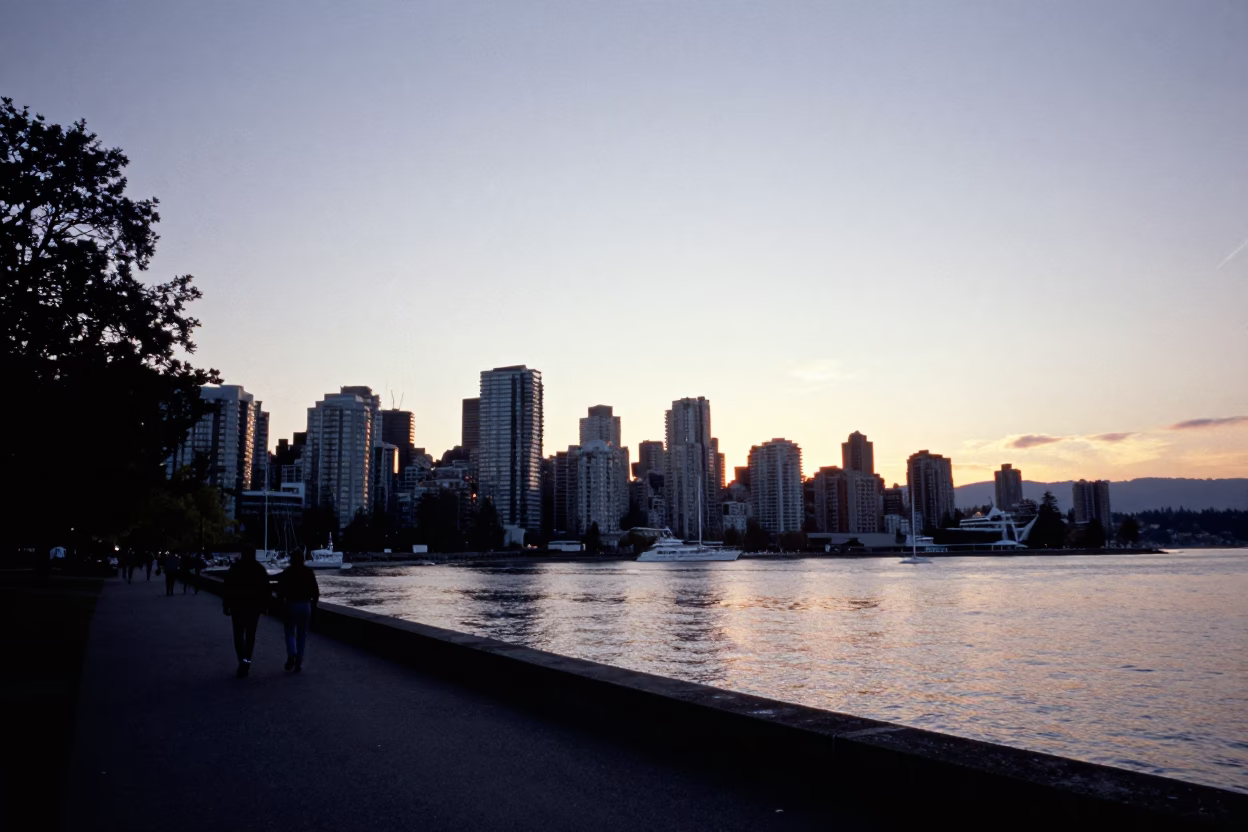 Skyline And Coal Harbour From Stanley Park Seawall in Vancouver in in Vancouver, British Columbia, Canada