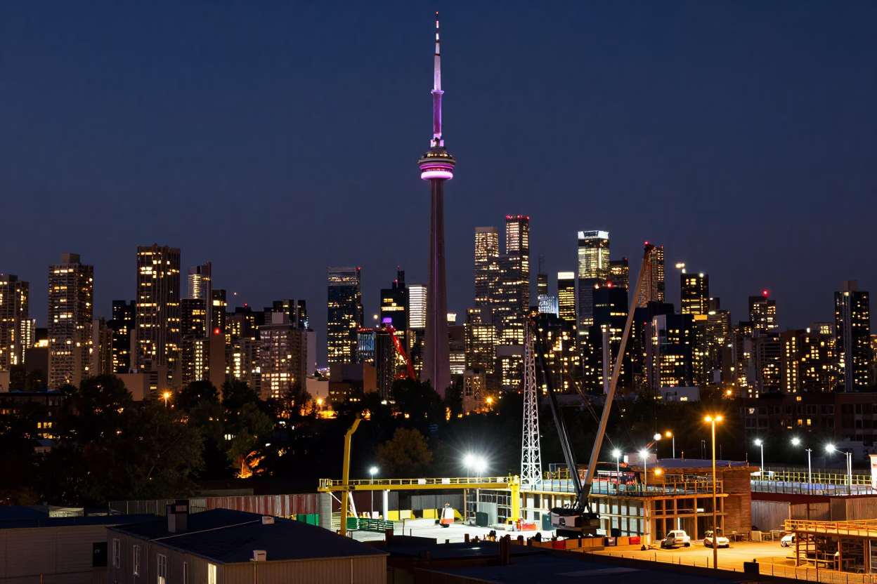 Skyline And Construction Site in Toronto at Midnight Light in in Toronto, Ontario, Canada