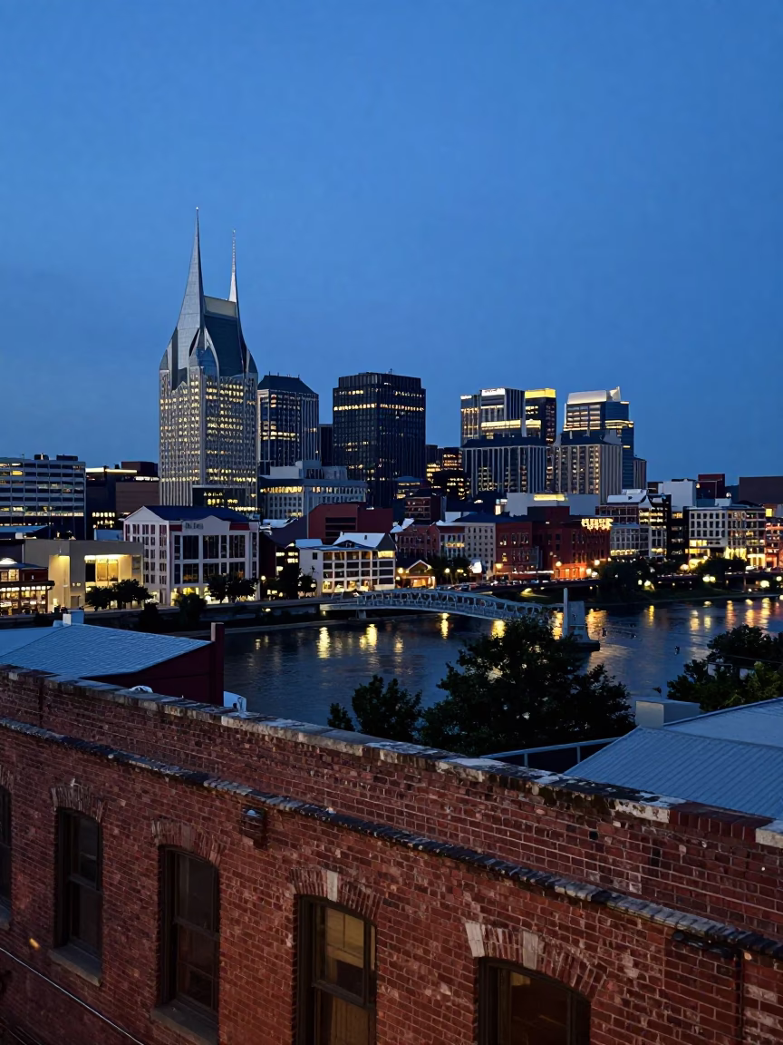 Skyline And Cumberland River in Nashville at Twilight in in Nashville, Tennessee, United States