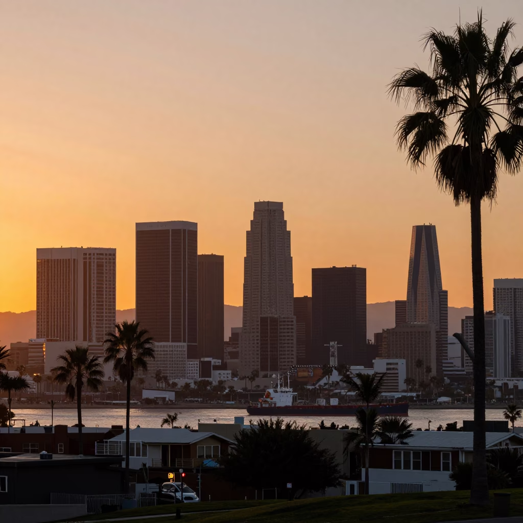 Skyline at Sunset Light in Los Angeles in in Los Angeles, California, United States