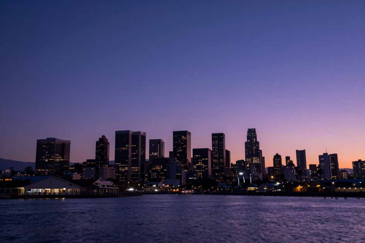 Skyline From Venice Beach Harbor Promenade in Los Angeles at Twilight in in Los Angeles, California, United States