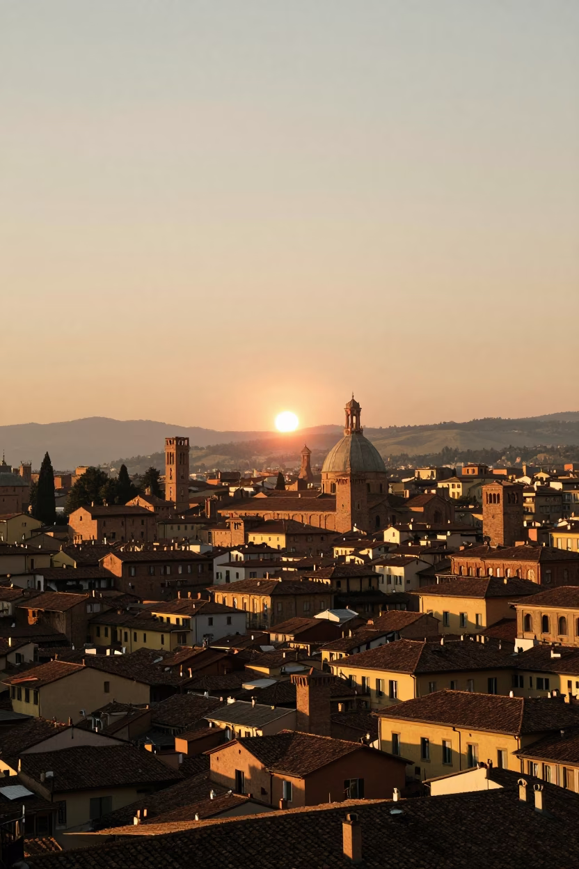 Skyline in Bologna at As The Sun Drops Toward The Horizon in in Bologna, Italy