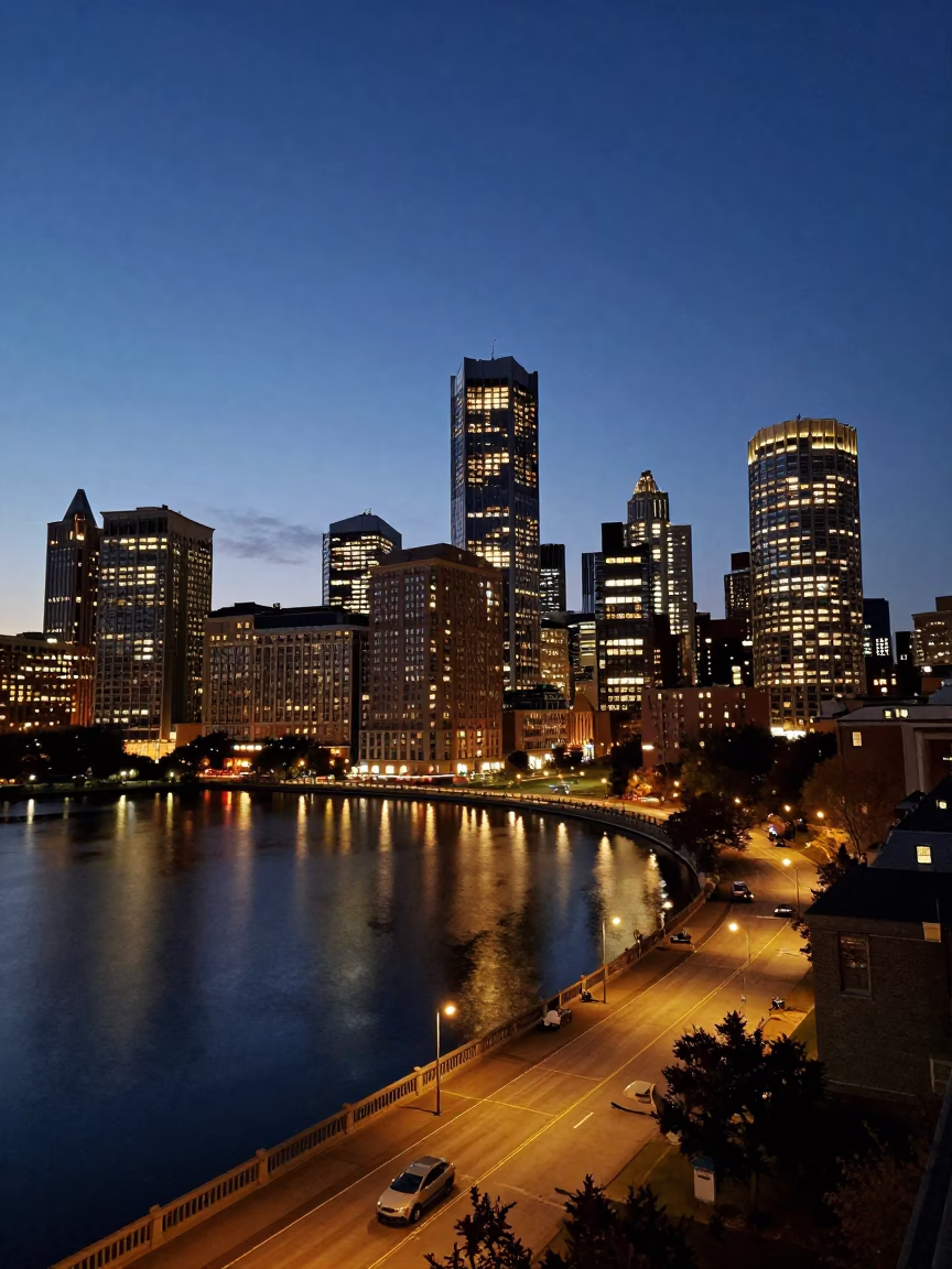 Skyline in Boston at As City Lights Begin To Glow in in Boston, Massachusetts, United States