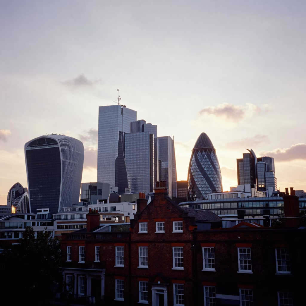 Skyline in London at As The Sun Drops Toward The Horizon in in London, United Kingdom
