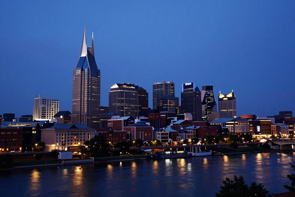 Skyline in Nashville Tennessee at Twilight in in Nashville, Tennessee, United States