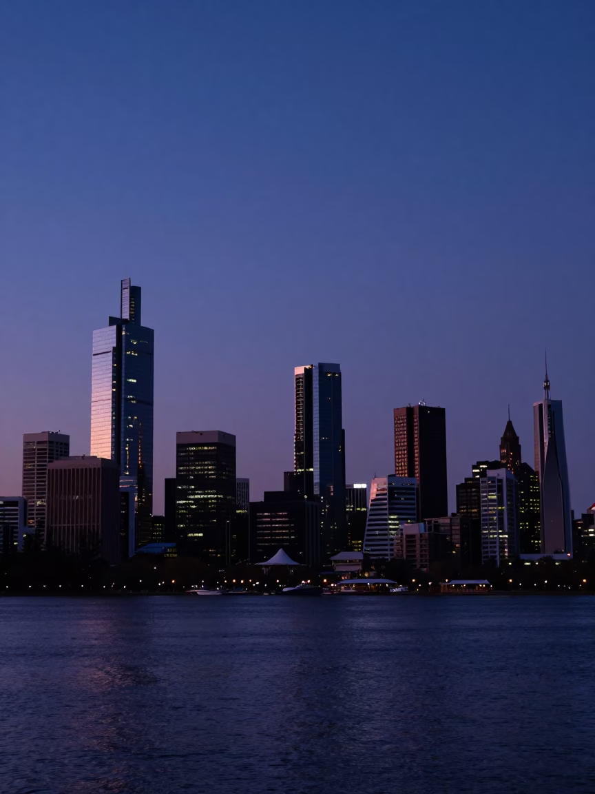 Skyline in Perth at Indigo Twilight After Sunset in in Perth, Western Australia, Australia