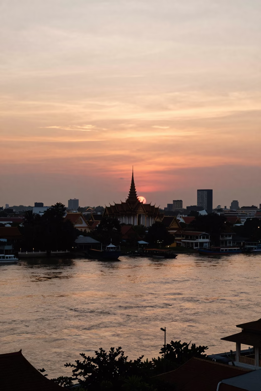 Skyline in Phnom Penh at Sunset Light in in Phnom Penh, Cambodia