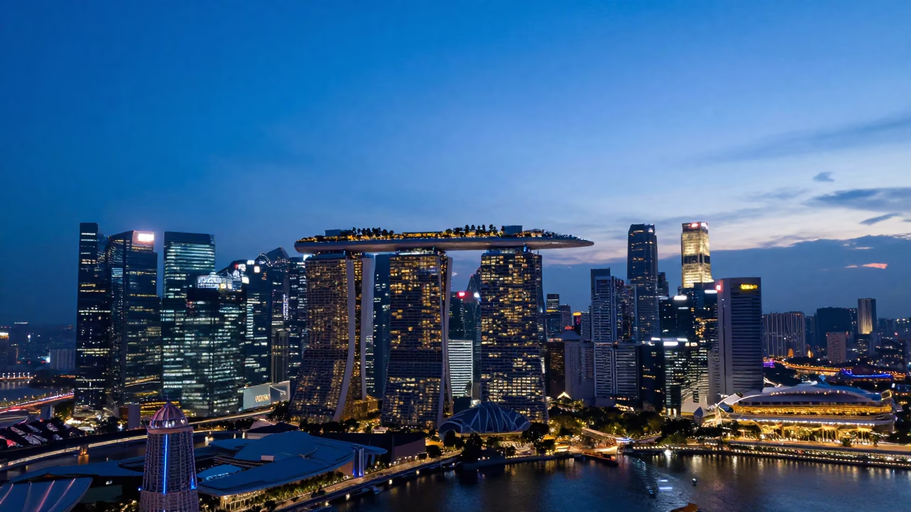 Skyline in Singapore at Indigo Twilight After Sunset in in Singapore, Singapore