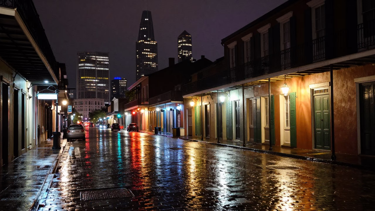 Skyline Reflections in New Orleans at Late At Night Light in in New Orleans, Louisiana, United States