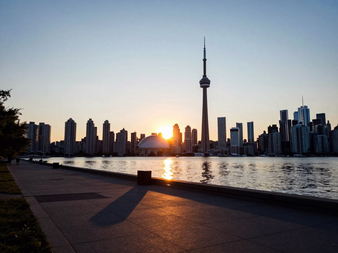 Skyline Reflections in Toronto at As The Sun Drops Toward The Horizon in in Toronto, Ontario, Canada
