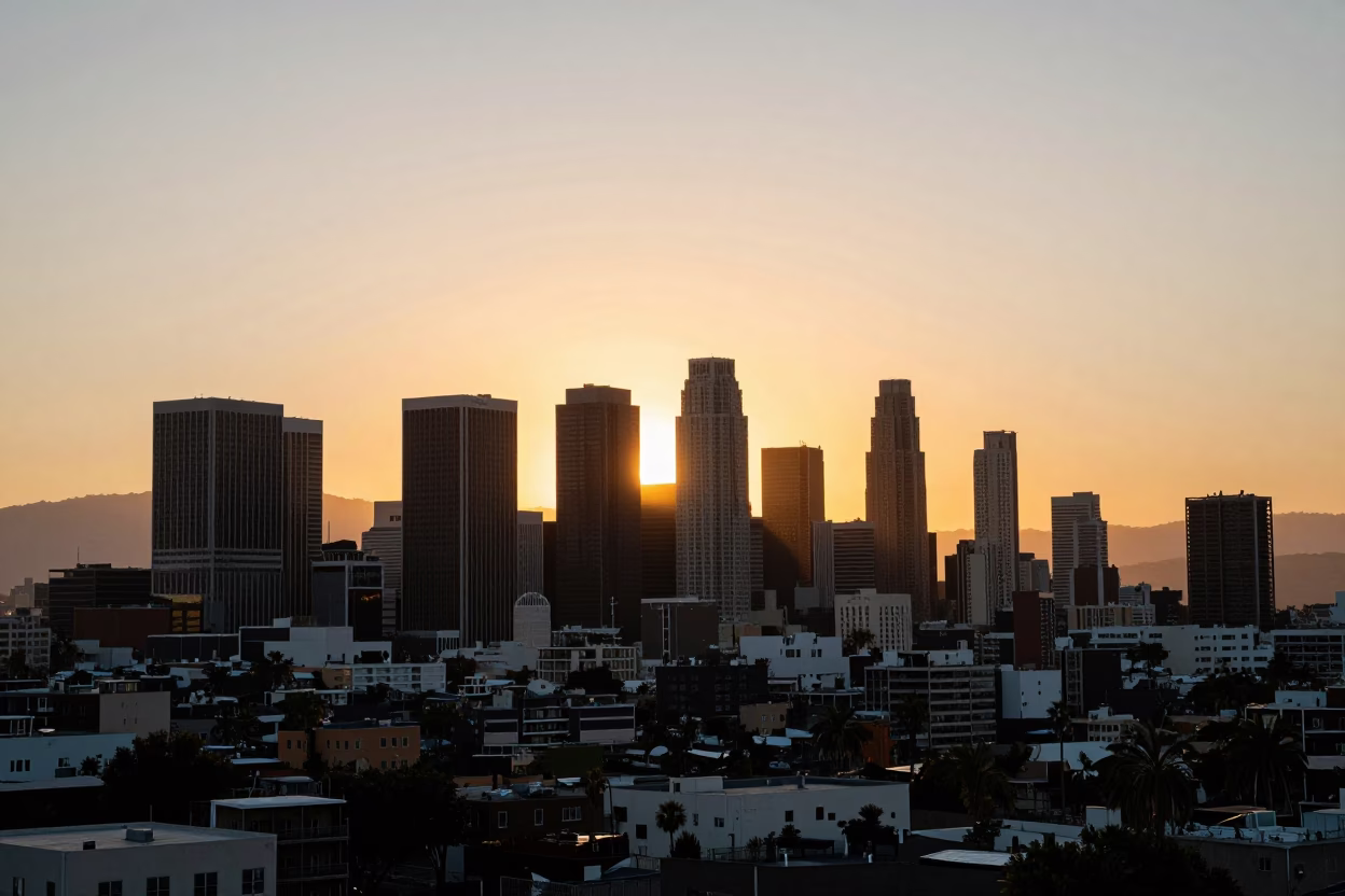 Skyline View in Los Angeles at Sunset Light in in Los Angeles, California, United States