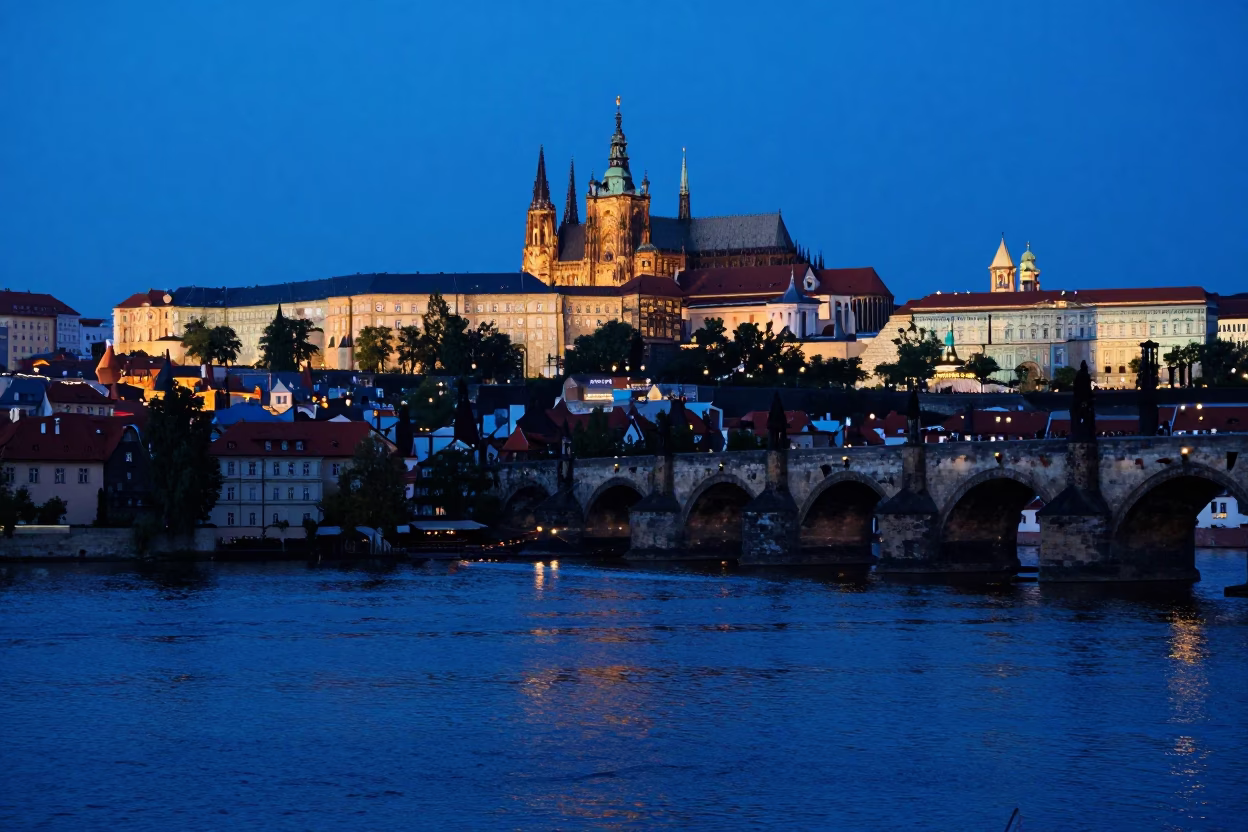 Skyline View in Prague at The Last Blue Light Of Evening in in Prague, Czech Republic