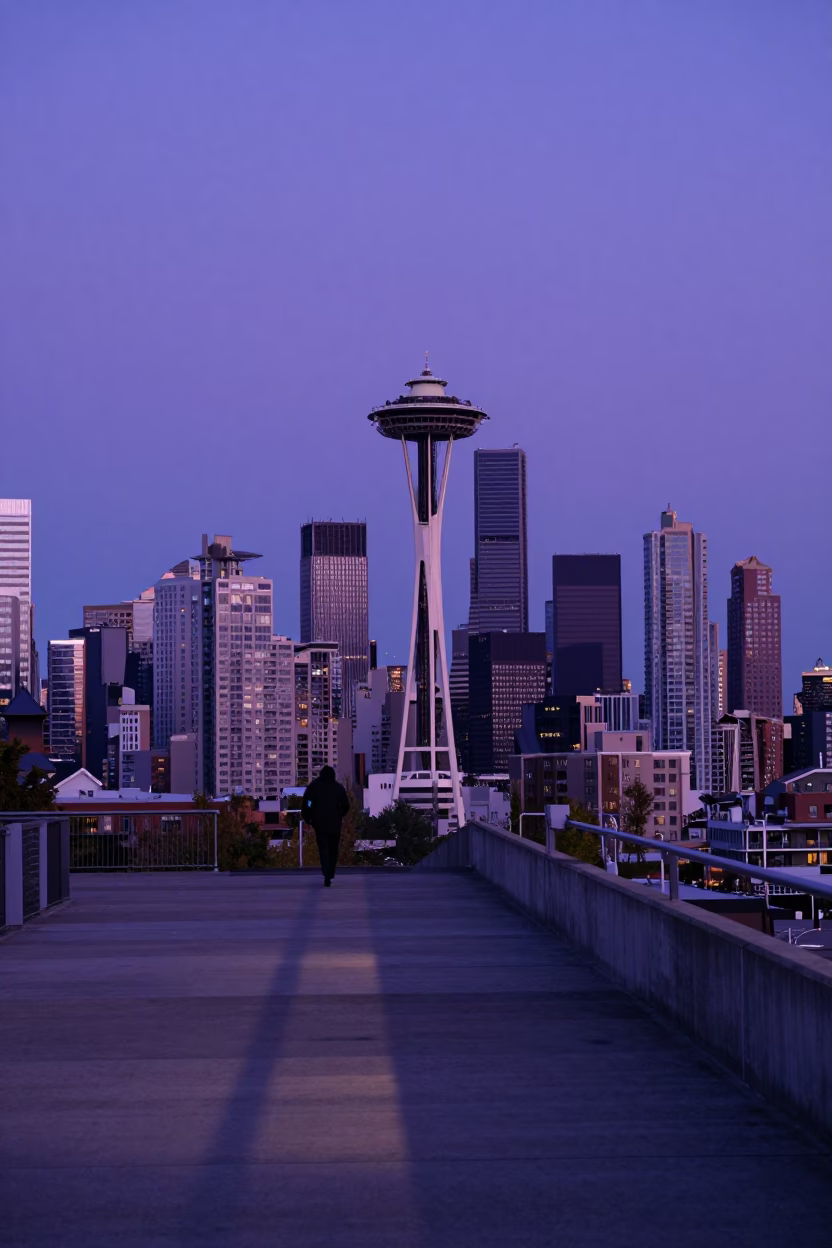 Skyline View in Seattle at The Last Blue Light Of Evening in in Seattle, Washington, United States