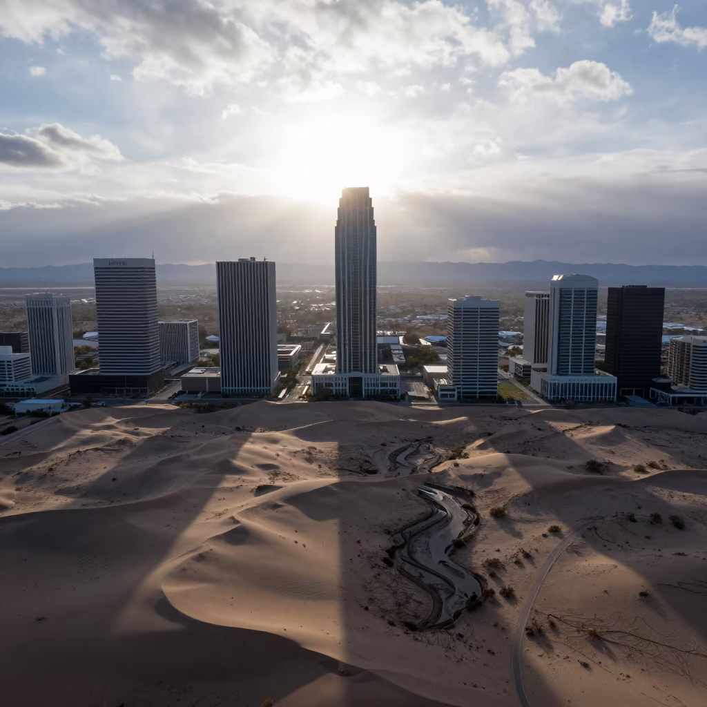 Skyscrapers Cast Long Shadows Over Arizona Dunes in above dune fields and dry wadis in Arizona