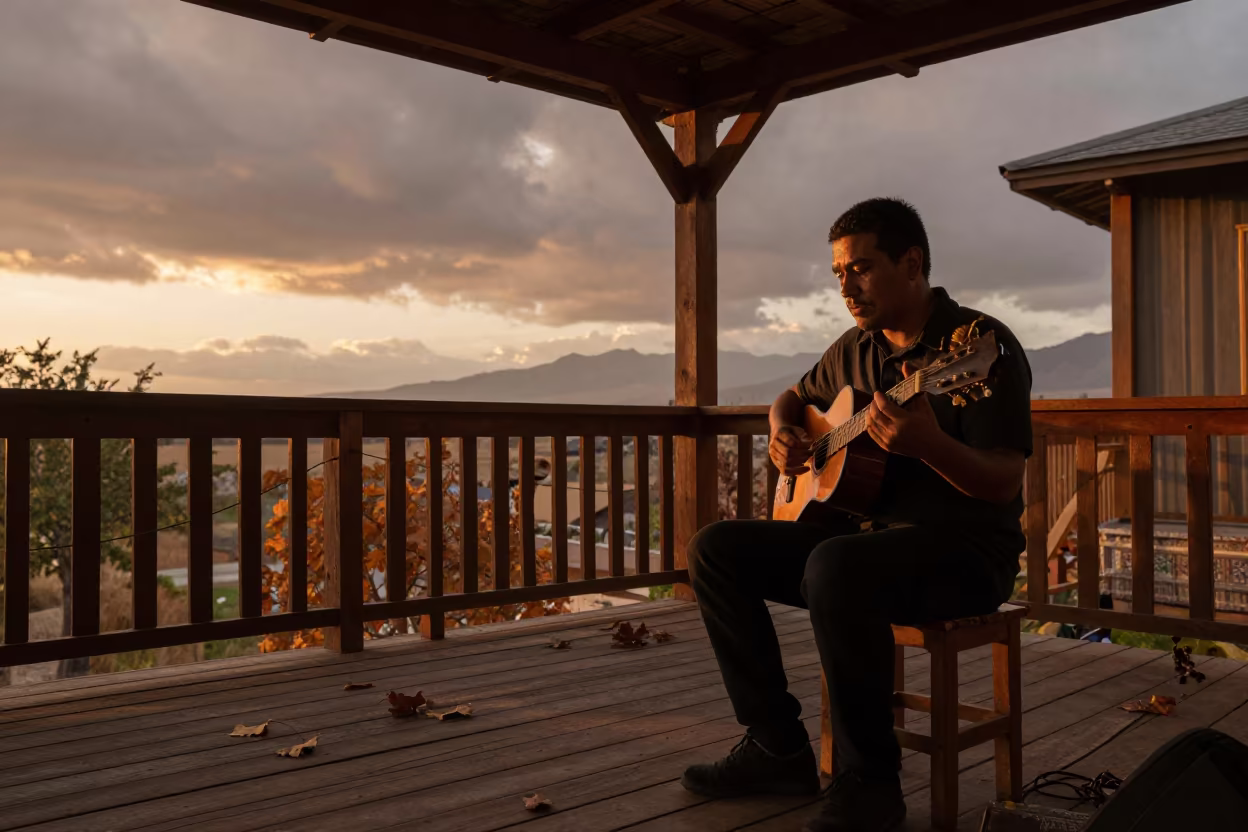 Slack Key Guitarist on Sunset Lanai in Rehearsal Room in in a rehearsal room in Körfez