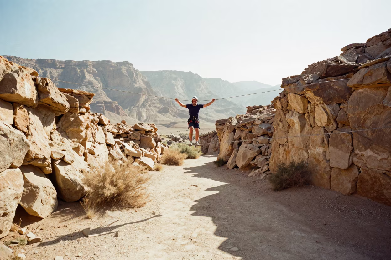Slackliner Balances on Canyon Path Near Cairo in on a mountain path near Cairo