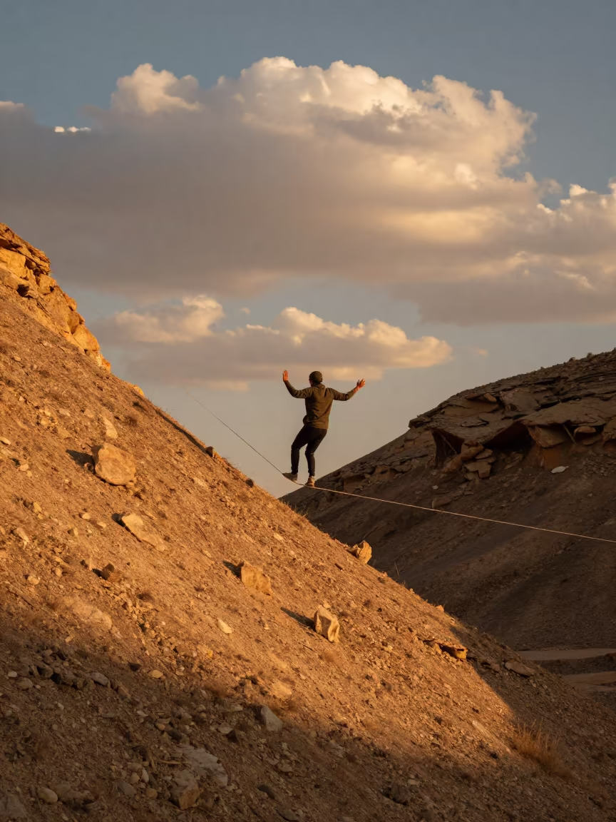 Slackliner Balances on Canyon Ridge at Golden Hour in on a hillside near Isfahan