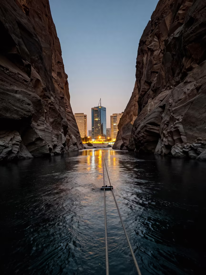 Slackliner Between Canyon Walls at Dusk in by a riverbank near Jeddah