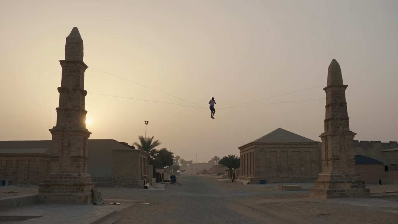 Slackliner Crosses Desert Spires at Cairo Sunset in in a village lane near City of the Dead, Cairo