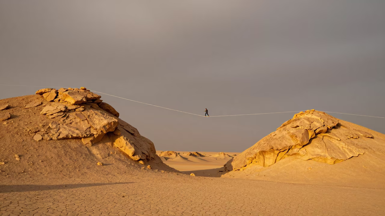 Slackliner Crossing Desert Spires at Golden Hour in on a hillside near Riyadh