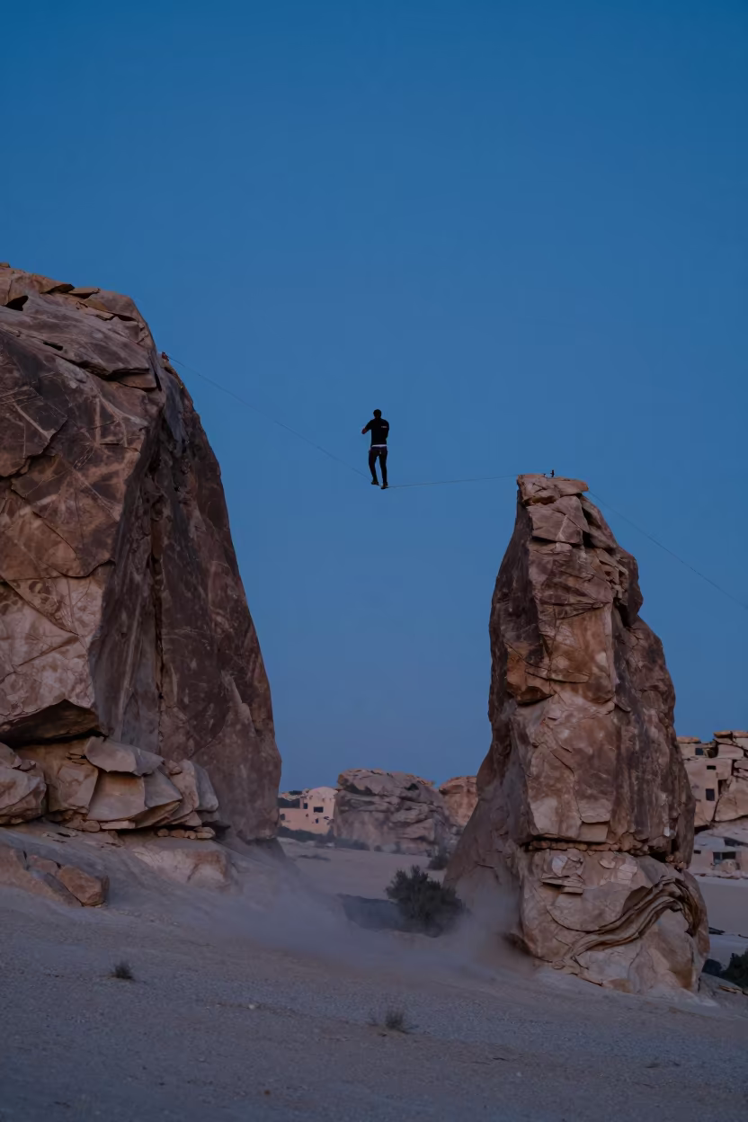 Slackliner Crossing Desert Spires at Twilight in at a roadside stop near Amman