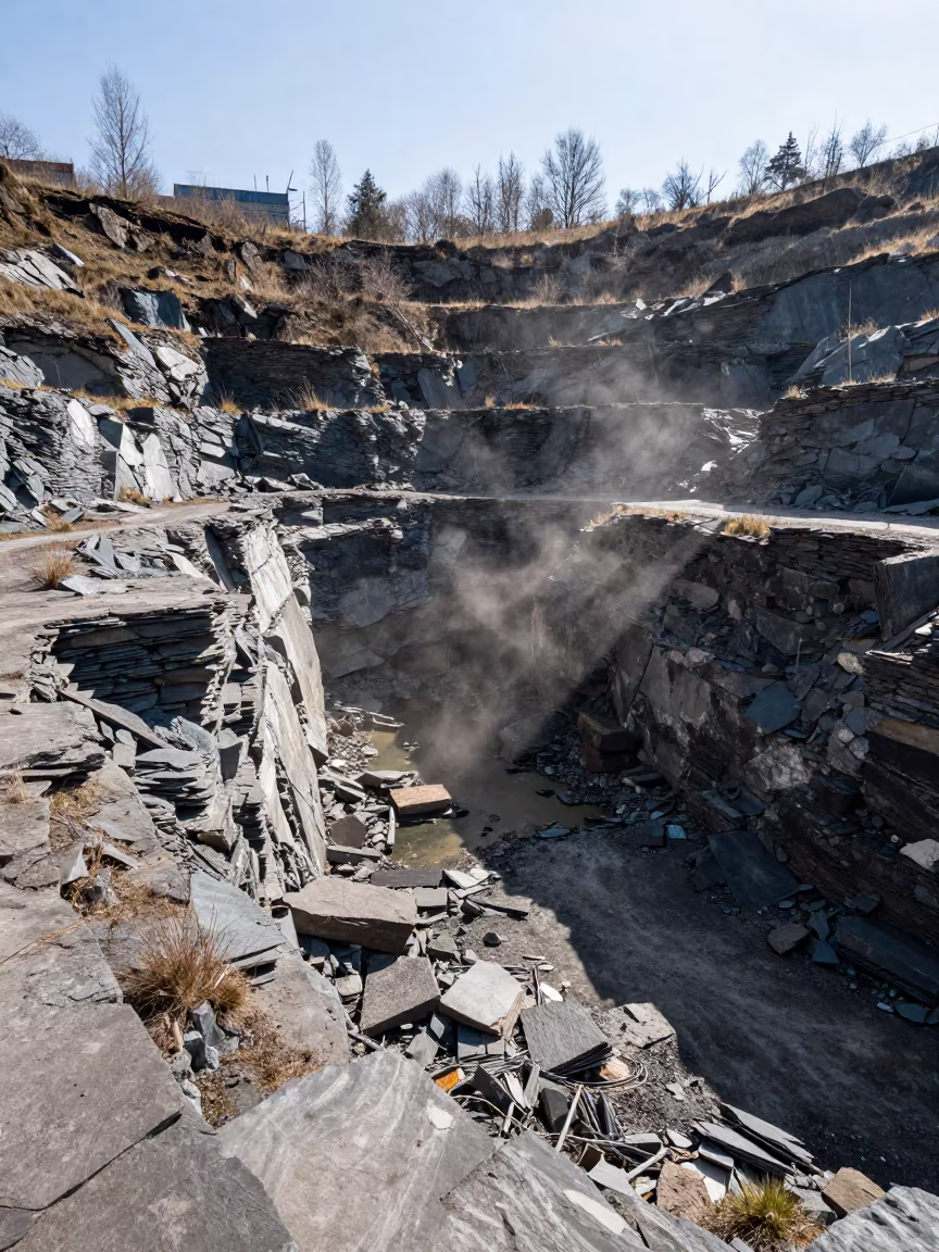 Slate Quarry Terraces Flooded Pit Early Spring in near Birmingham