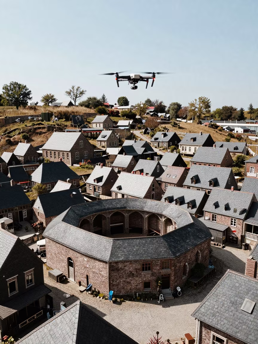 Slate Roof Village Drone in Vaulted Atrium in inside a vaulted atrium near Antwerp