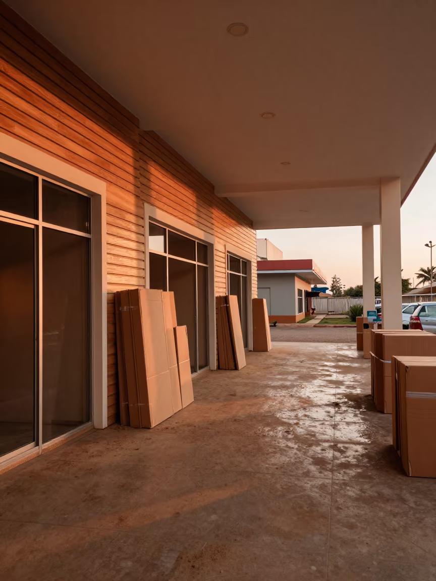 Slatwall Retail Fit Out Before Dusk in Burkina Faso in inside a half-built lobby in Burkina Faso