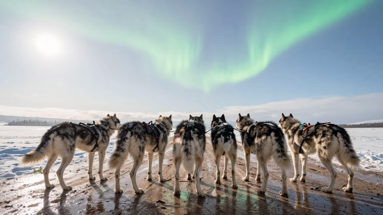 Sled Dogs Resting Under Noon Aurora in near Sapporo