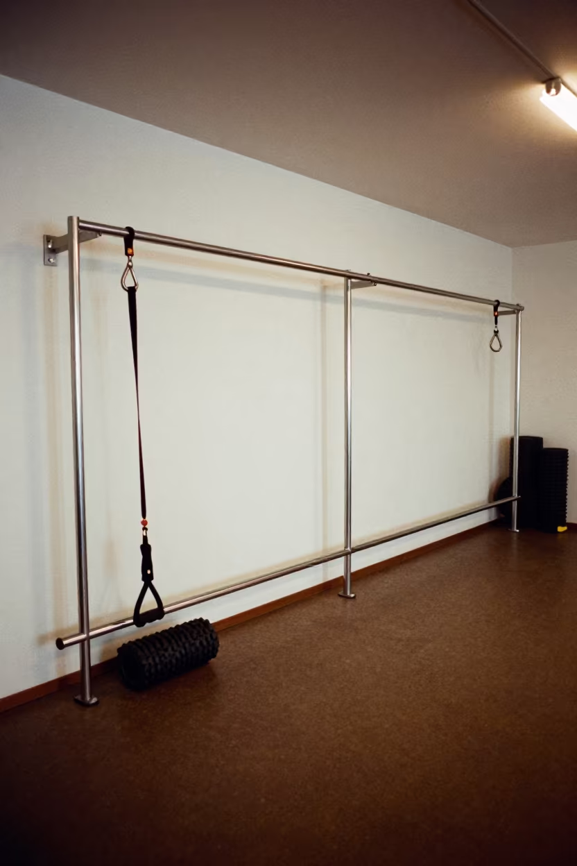 Sled Harness Rail Under Soft White Light in inside a recovery lounge beside foam rollers in Yokohama