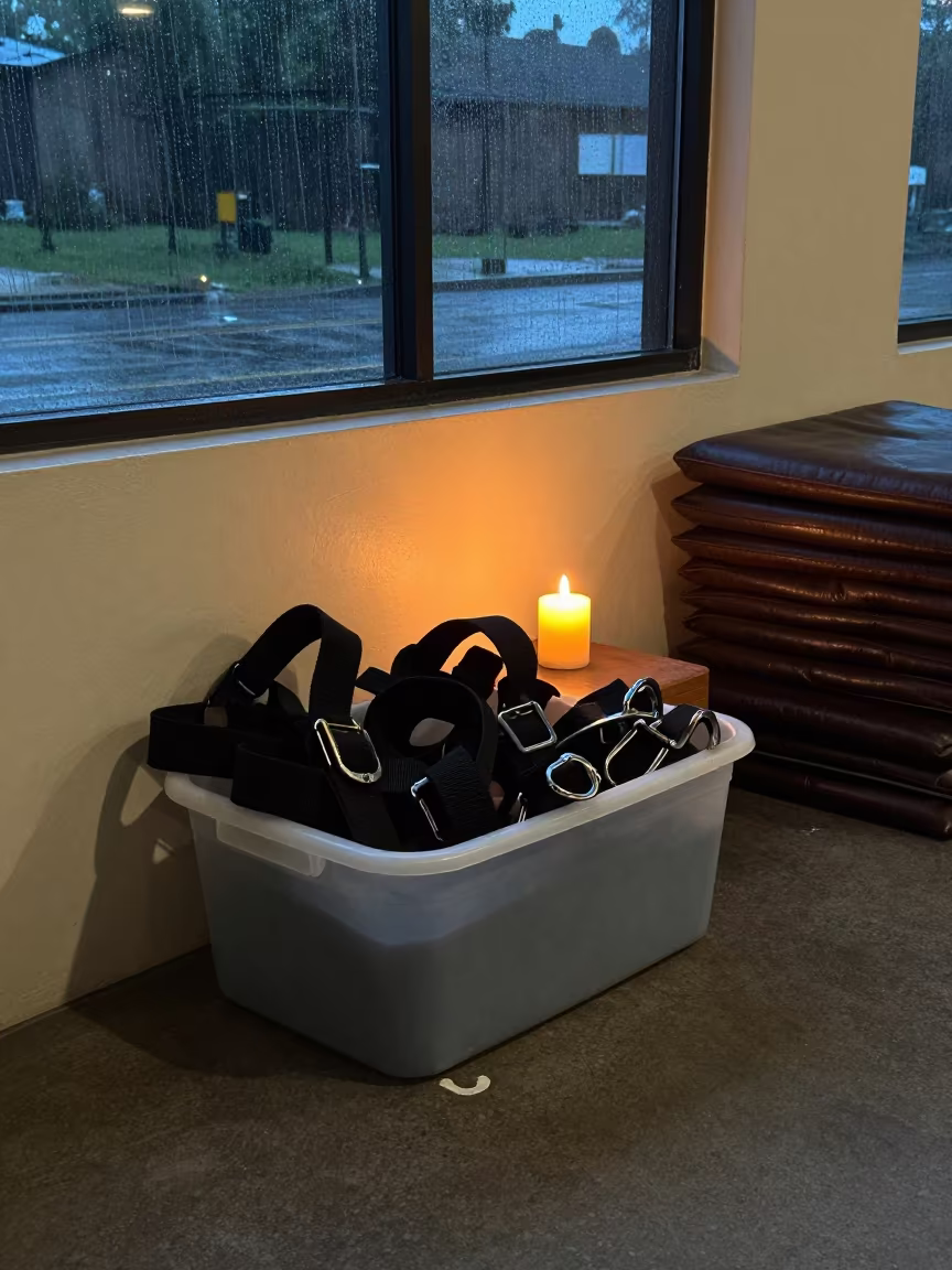 Sled Harness Repair Tub at Gym Desk in at a gym check-in desk in Chingola
