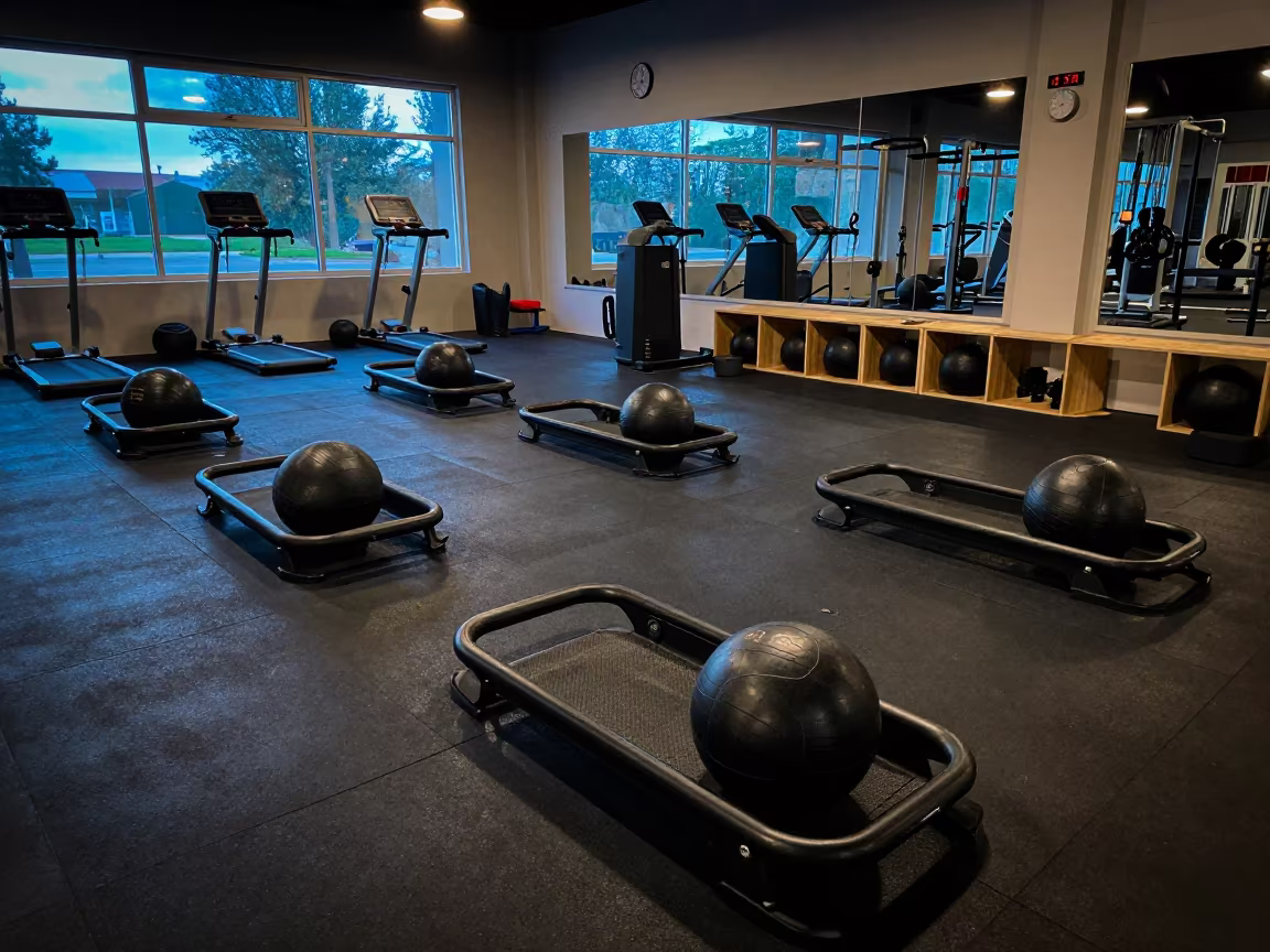 Sled Lanes and Clocks in Kumasi Gym at Blue Hour in inside a climbing gym warmup zone near Kumasi