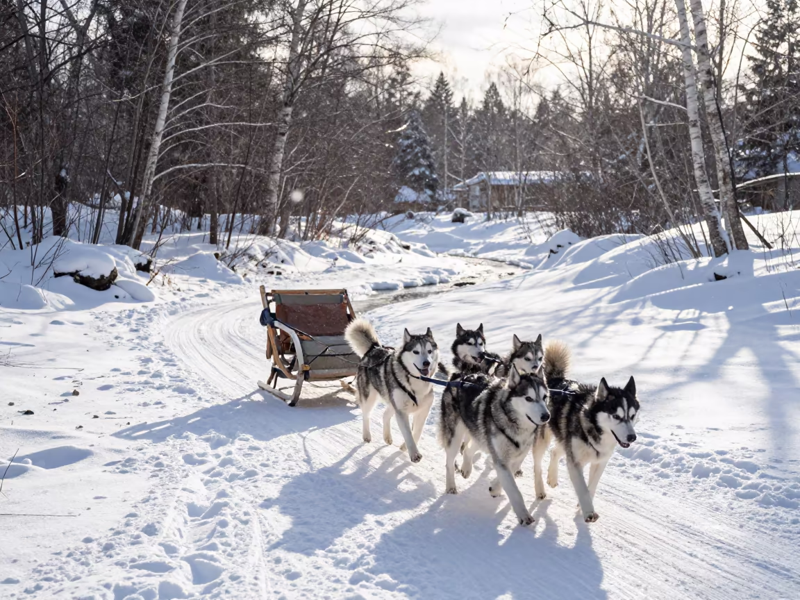Sled Team on Arctic Ice Under Split Sky in above a glacial stream near Stockholm