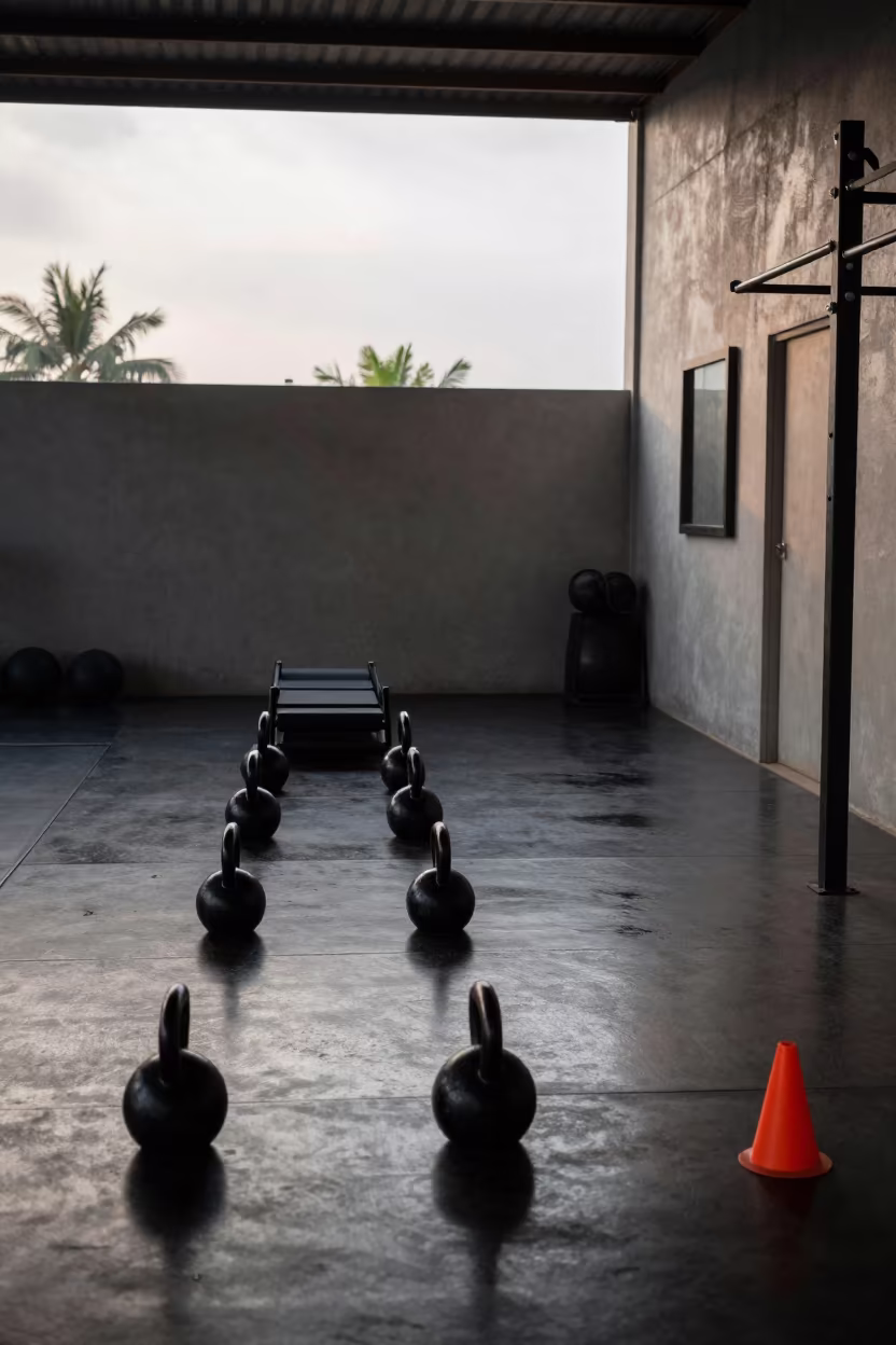 Sled Track and Kettlebells in Sokoto Room in inside a strength room in Sokoto
