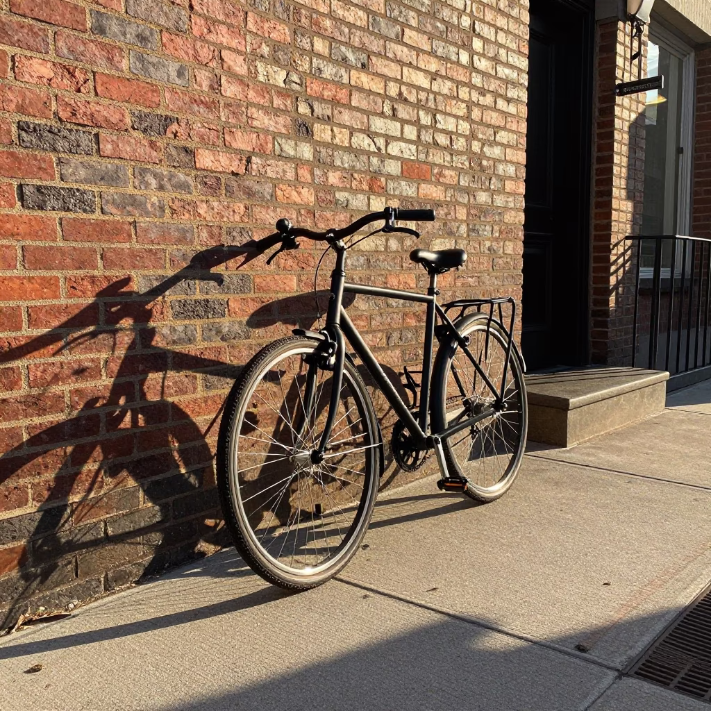 Sleek Black Bicycle Parked on Brick Sidewalk Near Brooklyn Bridge at Sunset in in New York, New York, United States