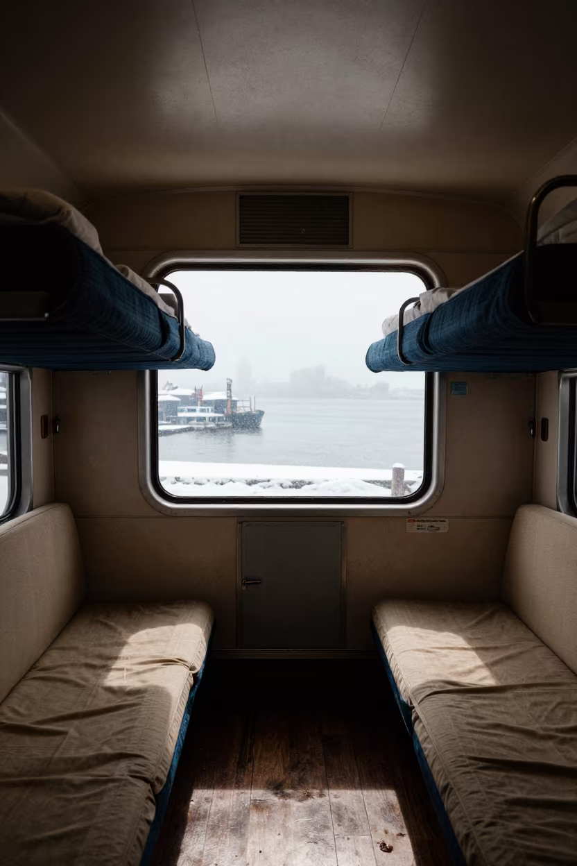 Sleeper Car Berths in Foggy Autumn Harbor in beside a fogbound harbor mouth near Washington DC