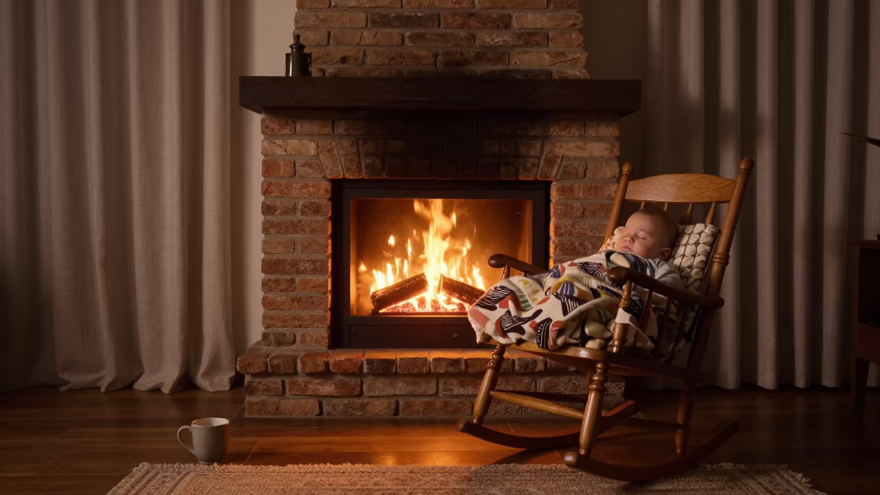 Sleeping Baby in Rocking Chair by Fireplace in by a crackling fireplace in Porto Alegre